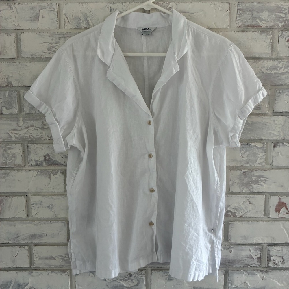 Eddie Bauer White Linen Cotton Blend Short Sleeve Button Down Shirt Womens XL
